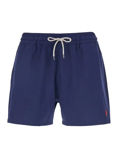 Polo Ralph Lauren Blue Swim Shorts With Elasticated Waist And Embroidered Pony Logo On The Front In Fabric Man In Navy