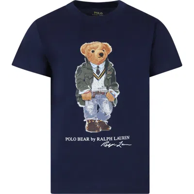 Polo Ralph Lauren Kids' Blue T-shirt For Boy With Polo Bear In Blu Navy