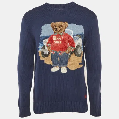Pre-owned Polo Ralph Lauren Blue Teddy Intarsia Rib Knit Sweater M