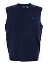 Polo Ralph Lauren Blue Vest With V Neck And Pony Embroidery On The Front In Wool And Cashmere Man In Blue
