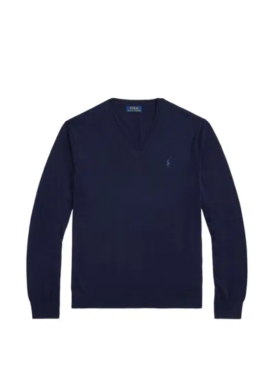 Polo Ralph Lauren Blue Wool Sweater With V-neck And Embroidered Logo On The Chest
