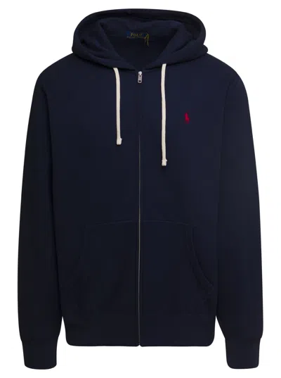 Polo Ralph Lauren Blue Zip-up Hoodie With Logo Embroidery In Cotton Blend Man