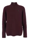 Polo Ralph Lauren Bordeaux Cable Knit Sweater With Half Zip Closure And Pony Embroidery On The Front In Wool And Cashm In Burgundy