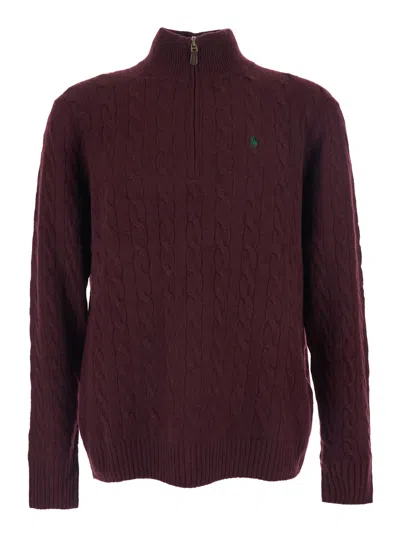 Polo Ralph Lauren Bordeaux Cable Knit Sweater With Half Zip Closure And Pony Embroidery On The Front In Wool And Cashm In Burgundy