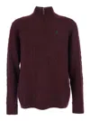 Polo Ralph Lauren Bordeaux Cable Knit Sweater With Half Zip Closure And Pony Embroidery On The Front In Wool And Cashm In Red