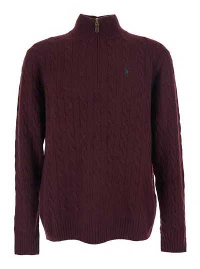 POLO RALPH LAUREN BORDEAUX CABLE KNIT SWEATER WITH HALF ZIP CLOSURE AND PONY EMBROIDERY ON THE FRONT IN WOOL AND CASHM
