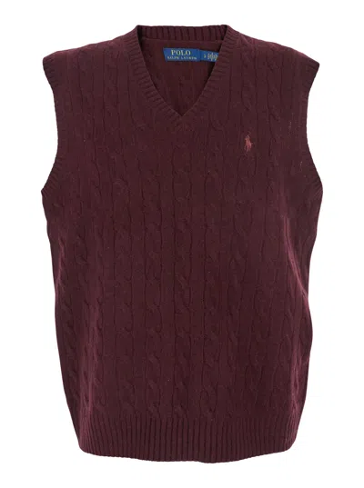 Polo Ralph Lauren Bordeaux Sleeveless Vest With V Neck And Pony Embroidery On The Front In Wool And Cashmere Man In Brown