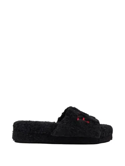 Polo Ralph Lauren Borg-texture Embroidered Slippers In Black