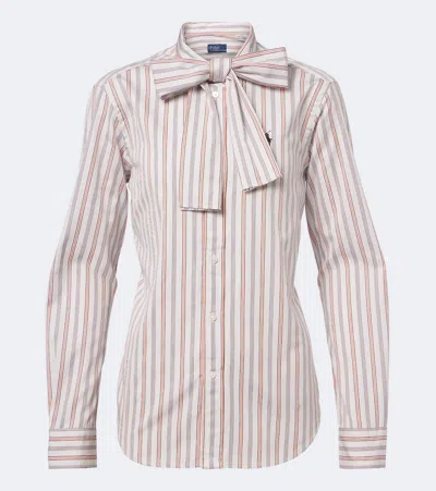 Polo Ralph Lauren Bow-detail Striped Cotton Poplin Shirt In Pink