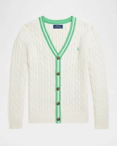 Polo Ralph Lauren Kids' Boy's Cable Knit Cardigan W/ Embroidered Pony In Cricket Cream