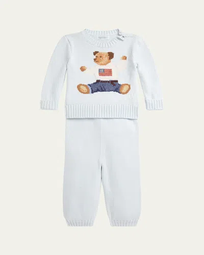 Polo Ralph Lauren Kids' Boy's Flag Bear Intarsia Knit Sweater And Pants Set In Pearl Blue