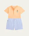 Polo Ralph Lauren Ralph Lauren Embroidered Cotton Henley T-shirt & Stripe Shorts Set In Soft Creamsicle