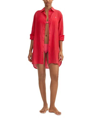 Polo Ralph Lauren Boyfriend Shirt Swim Cover-up In Coral
