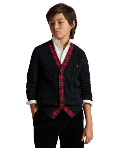 Polo Ralph Lauren Kids' Boys' 8-20 Cable-knit Plaid-trim Cardigan In Black