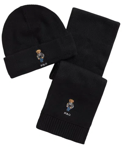 Polo Ralph Lauren Kids' Boys' 8-20 Polo Bear Rib-knit Beanie And Scarf, 2-piece Set In Black