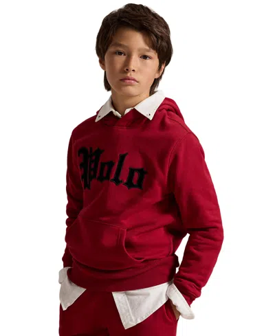 Polo Ralph Lauren Kids' Boys' 8-20 Velvet-logo Kangaroo-pocket Fleece Hoodie In Red