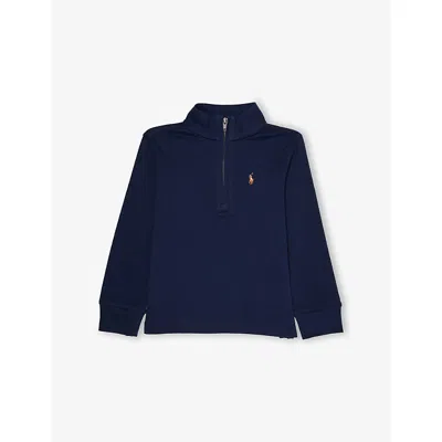 Polo Ralph Lauren Kids' Fined Navy Boys' High-neck Brand-embroidery Cotton-jersey Top In Blue