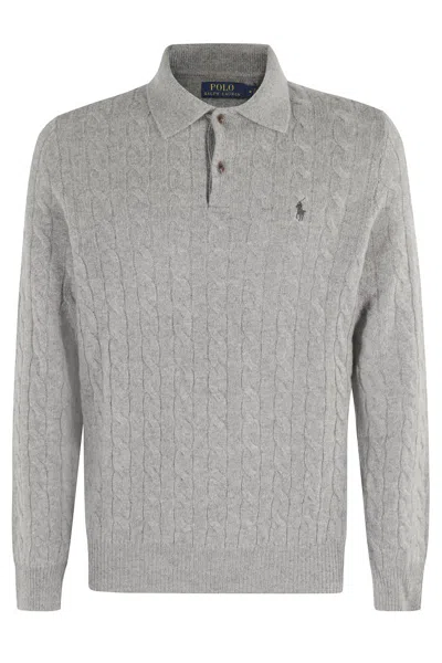Polo Ralph Lauren Braid-patterned Heather Grey Long Sleeve Polo Pullover In Gray