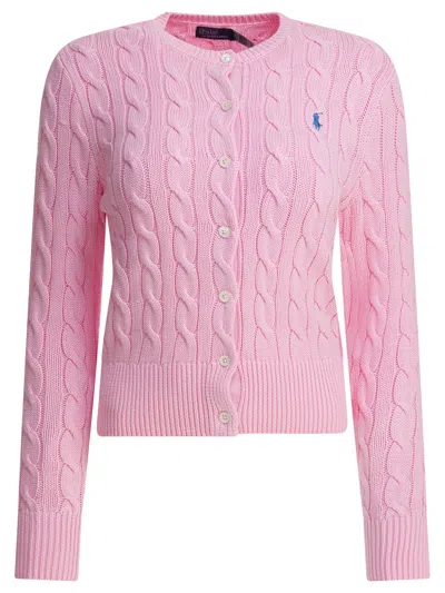 Polo Ralph Lauren Braided Crewneck Cardigan With Logo Knitwear Pink