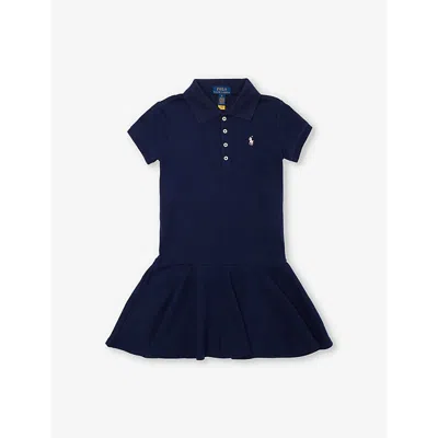POLO RALPH LAUREN FINED NAVY BRAND-EMBROIDERY SHORT-SLEEVES STRETCH-COTTON PIQUÉ DRESS 3-14