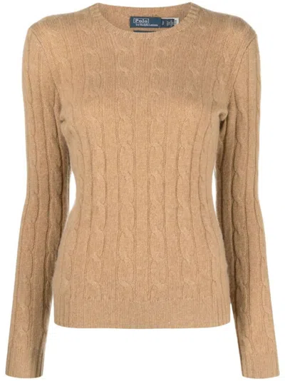 POLO RALPH LAUREN BROWN CABLE-KNIT CASHMERE SWEATER