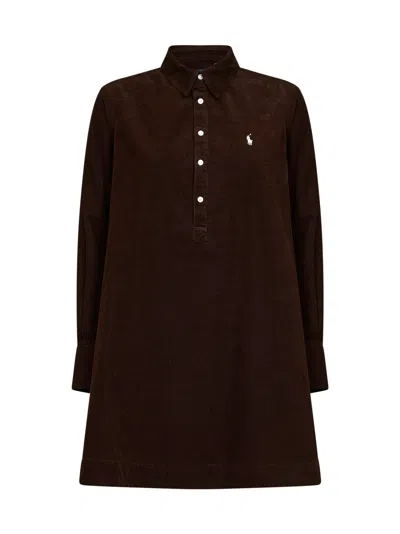 Polo Ralph Lauren Corduroy Dress Embroidery Long Sleeves Pleated Back In Brown
