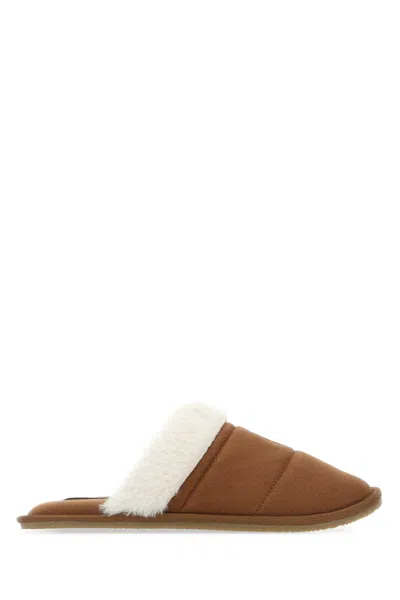 Polo Ralph Lauren Embroidered-logo Faux-fur Slippers In Brown