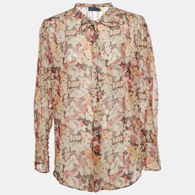 Pre-owned Polo Ralph Lauren Brown Floral Print Chiffon Blouse L