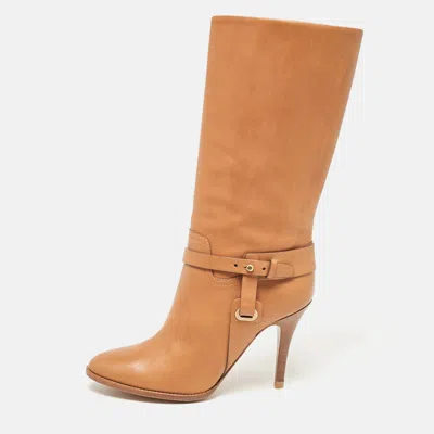 Pre-owned Polo Ralph Lauren Brown Leather Kelsey Mid Calf Boots Size 40