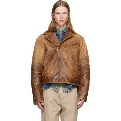 Polo Ralph Lauren Brown Leather Moto Jacket In Animal Print