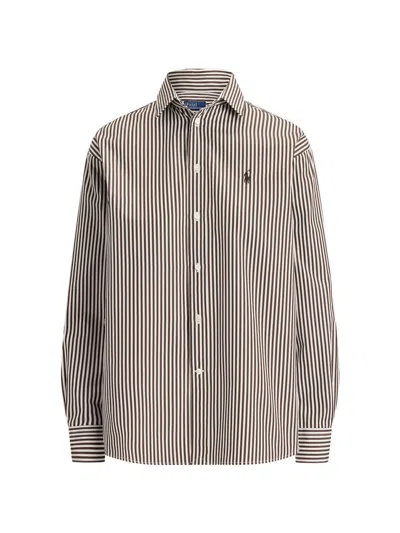 Polo Ralph Lauren Brown Striped Blouse With Embroidered Logo On The Chest  In Gray