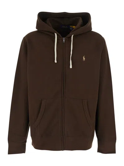 POLO RALPH LAUREN BROWN SWEATSHIRT WITH DRAWSTRING HOOD AND PONY EMBROIDERY ON THE FRONT IN COTTON BLEND MAN