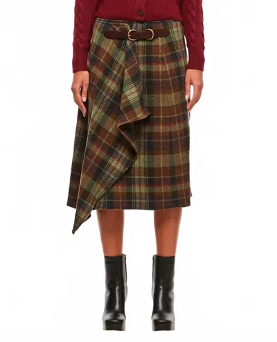 Polo Ralph Lauren Buckle Detail Plaid Herringbone Skirt In Olive In Green