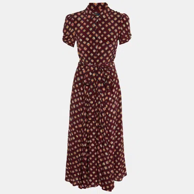 Pre-owned Polo Ralph Lauren Burgundy Printed Satin Midi Dress M