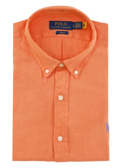 Polo Ralph Lauren Button-down Collar Orange Linen Shirt With Iconic Pony Embroidery