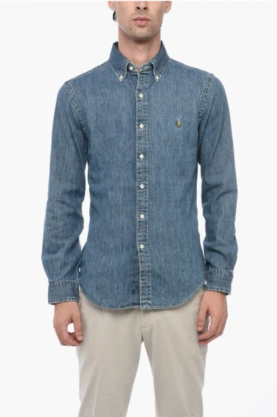 Polo Ralph Lauren Button-down Denim Shirt With Embroidered Logo In Blue