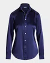 Polo Ralph Lauren Dark Blue Long Sleeve Button Front Silk Shirt In Newport Navy