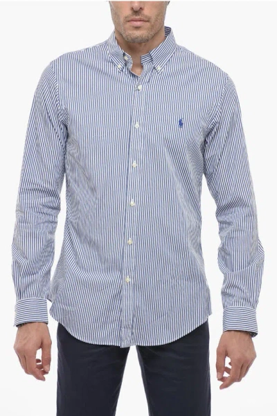 Polo Ralph Lauren Button-down Stretch Cotton Shirt With Awning Motif In Blue