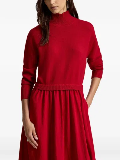 Polo Ralph Lauren Button-back Ribbed-trim Midi Dress In Red