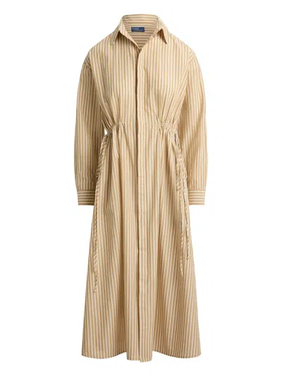 Polo Ralph Lauren Button-down Long Sleeve Dress With Self-drawcord Ties - Size 2 In Beige