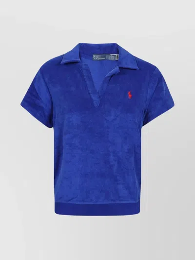 Polo Ralph Lauren Buttoned Collar Ribbed Hem Short Sleeve Top In Blue