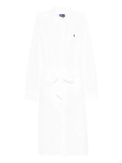 Polo Ralph Lauren Button-front Long-sleeve Shirt Dress With Adjustable Waistband In White