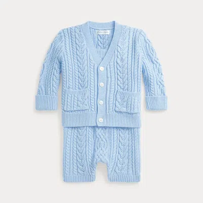 Polo Ralph Lauren Babies' Cable Cotton Cardigan & Shortall Set In Office Blue