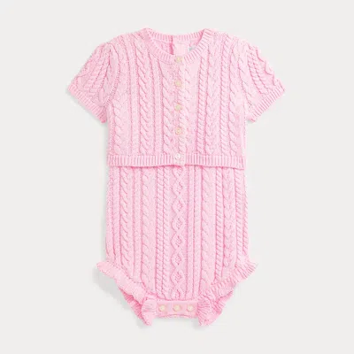 Polo Ralph Lauren Babies' Cable Cotton Shortall & Cardigan Set In Bath Pink