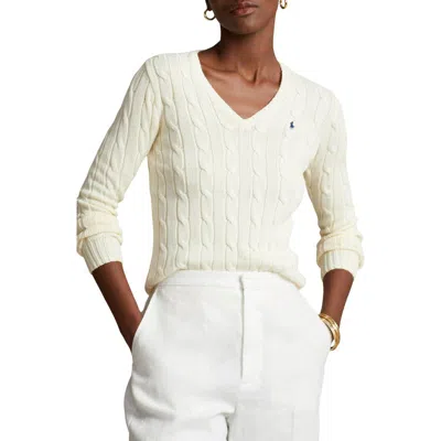 Polo Ralph Lauren Cable Cotton V-neck Sweater In Cream