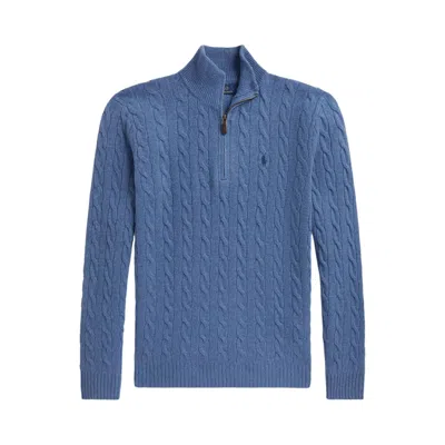 Pre-owned Polo Ralph Lauren Cable Knit 1/4 Zip Sweater 'blue Borage Heather' | Men's Size M