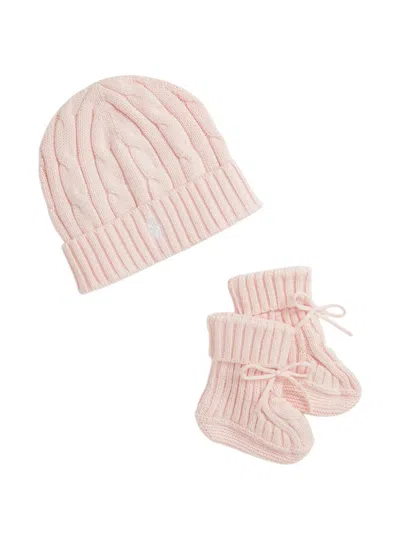 Polo Ralph Lauren Babies' Cable-knit Beanie And Booties Set In Pink