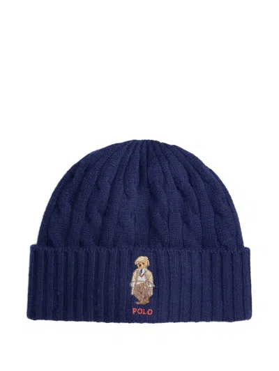 Polo Ralph Lauren Cable-knit Bear-embroidered Beanie In Blue