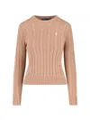 Polo Ralph Lauren Cable Knit Beige Sweater With Logo Embroidery In Nude