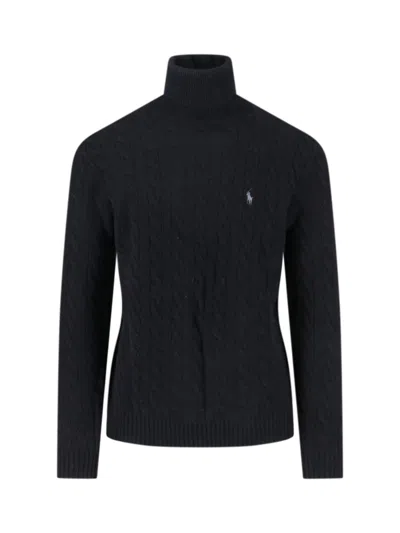 Polo Ralph Lauren Cable Knit Black Turtleneck Sweater With Embroidered Logo